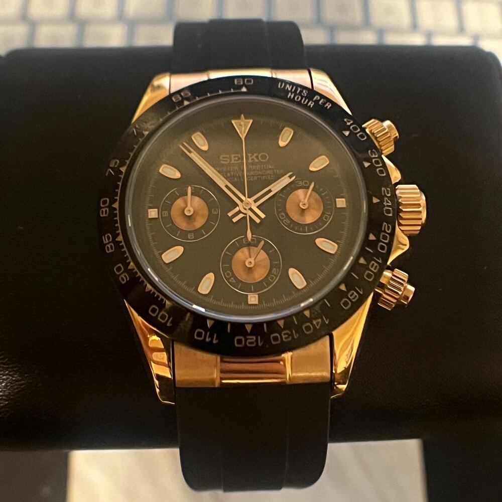 Seiko mod- rosegold Daytona with rubber strap mega-quartz VK63 movement watch